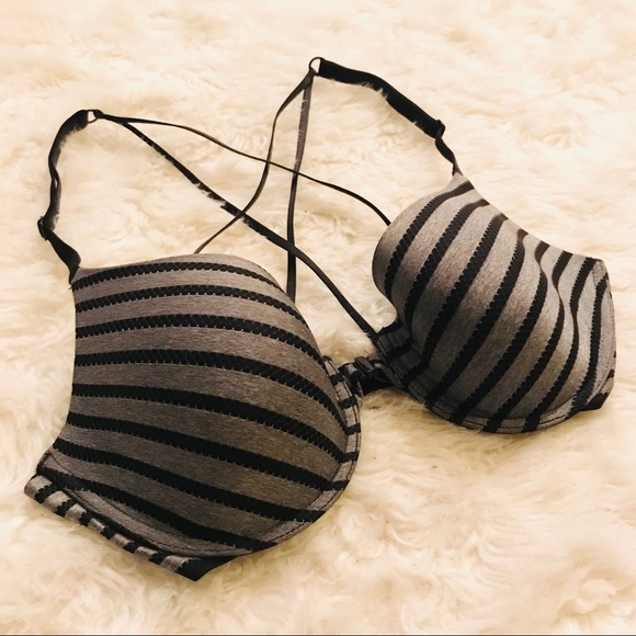 Victoria’s Secret Gray & Black Striped Uplift Semi Demi Strappy Bra Size 32D - Picture 3 of 7